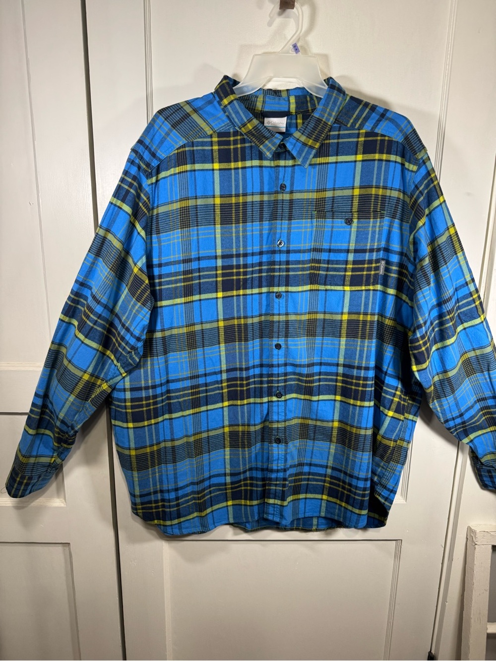 Columbia Blue Black Yellow Plaid Long Sleeve Flannel Button-Down Shirt